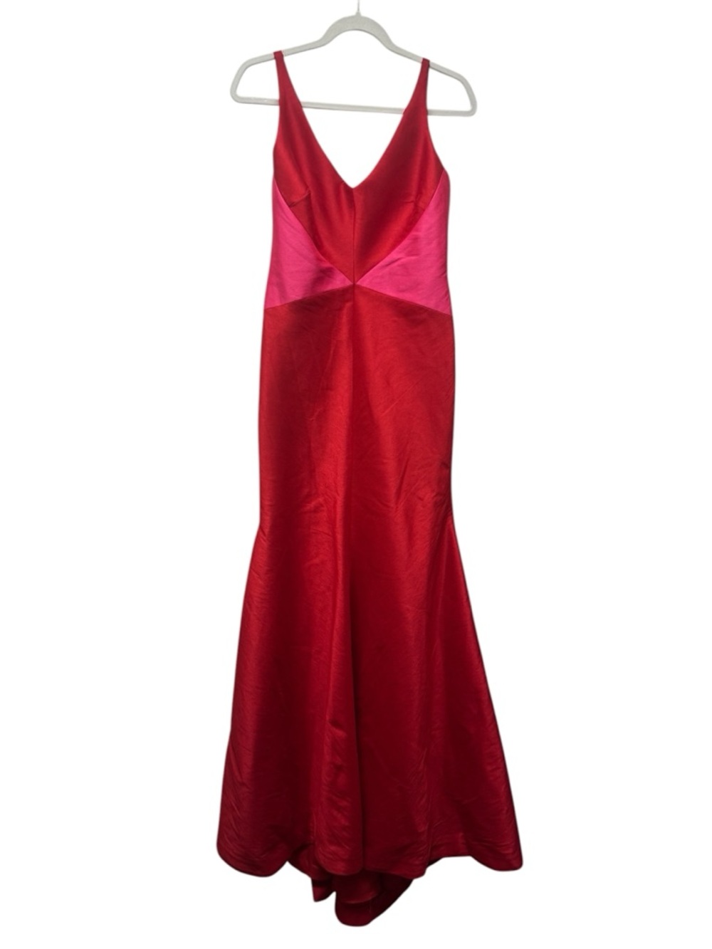 ML Monique Lhuillier Red & Hot Pink Satin V-Neck Evening Gown